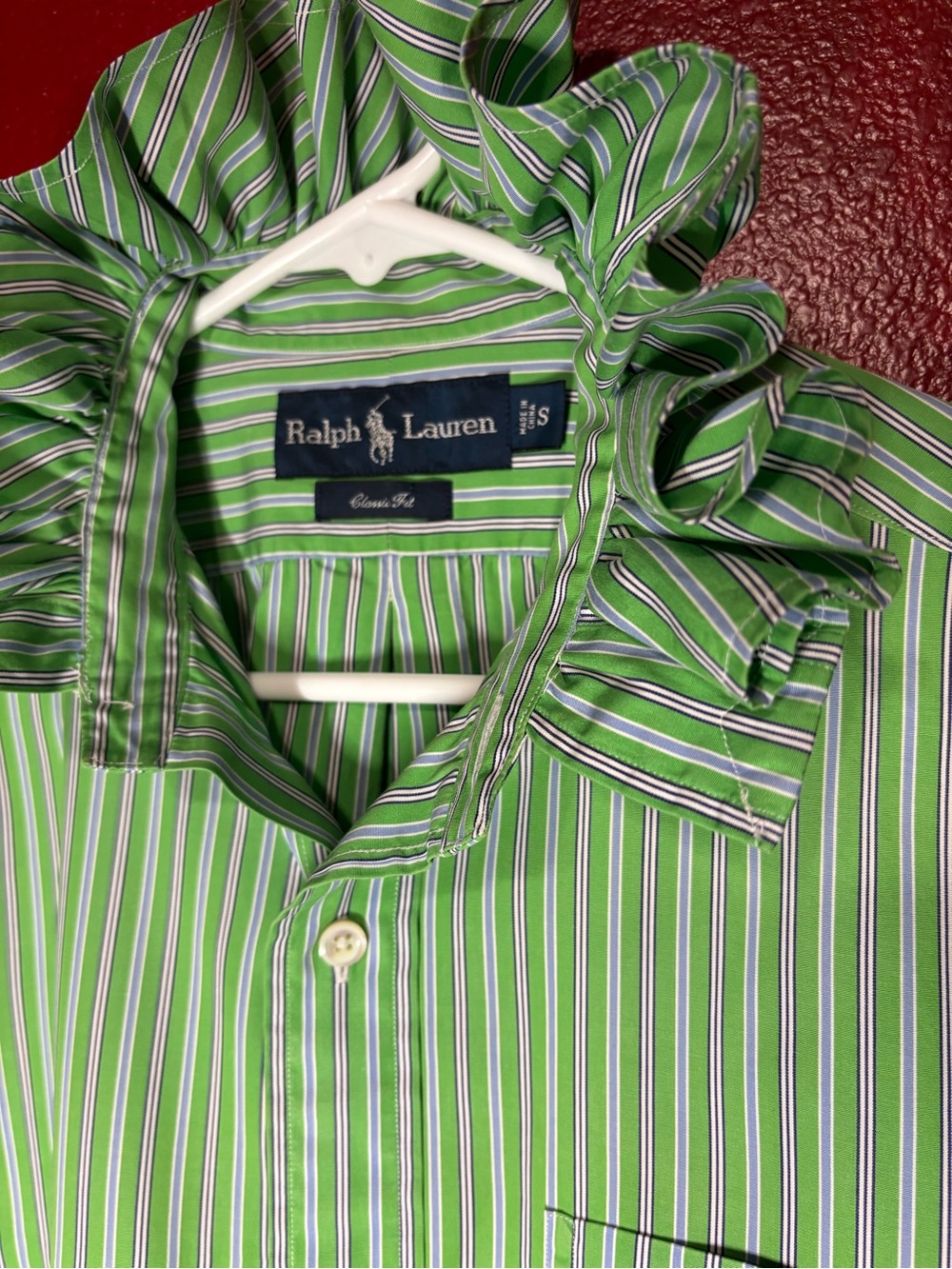 Upcycled Ralph Lauren Green, White & Navy Striped Ruffle-Collar Blouse